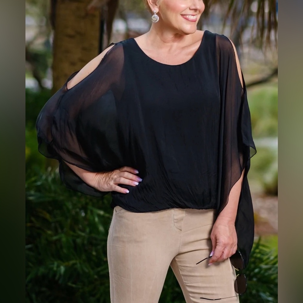 NWT Tina Stephen’s Black Tenley Cold Shoulder Silk Convertible Tank One Size